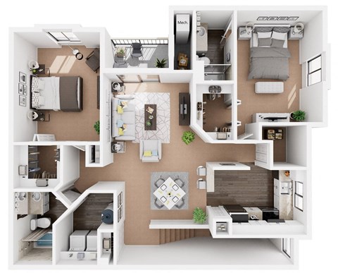 a 3d drawing of the bedroom floor plan of a 2100 sq ft apartment